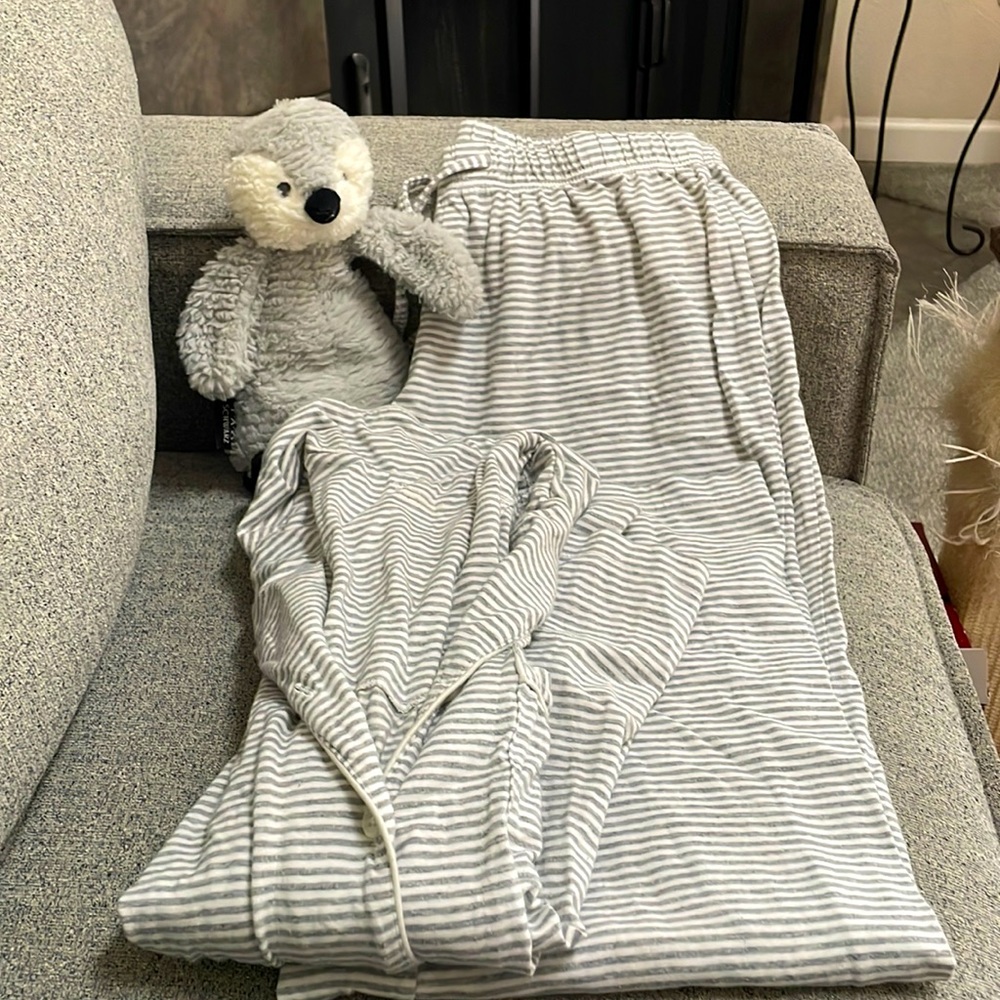 Soft cotton pajamas- button up long sleeve shirt, tie string pants.